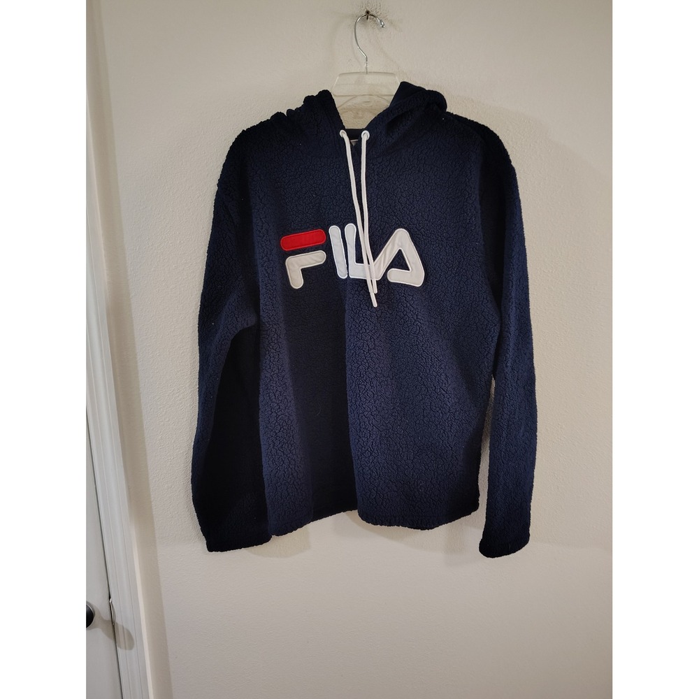 Fila Mens Sherpa Fleece Hoodie Navy Blue Embroidered Logo Pullover XXL
